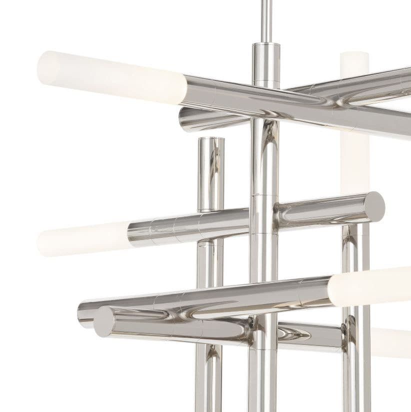 Modern Cass Chandelier with polished nickel finish, horizontal and vertical arms, and frosted acrylic LED diffusers.