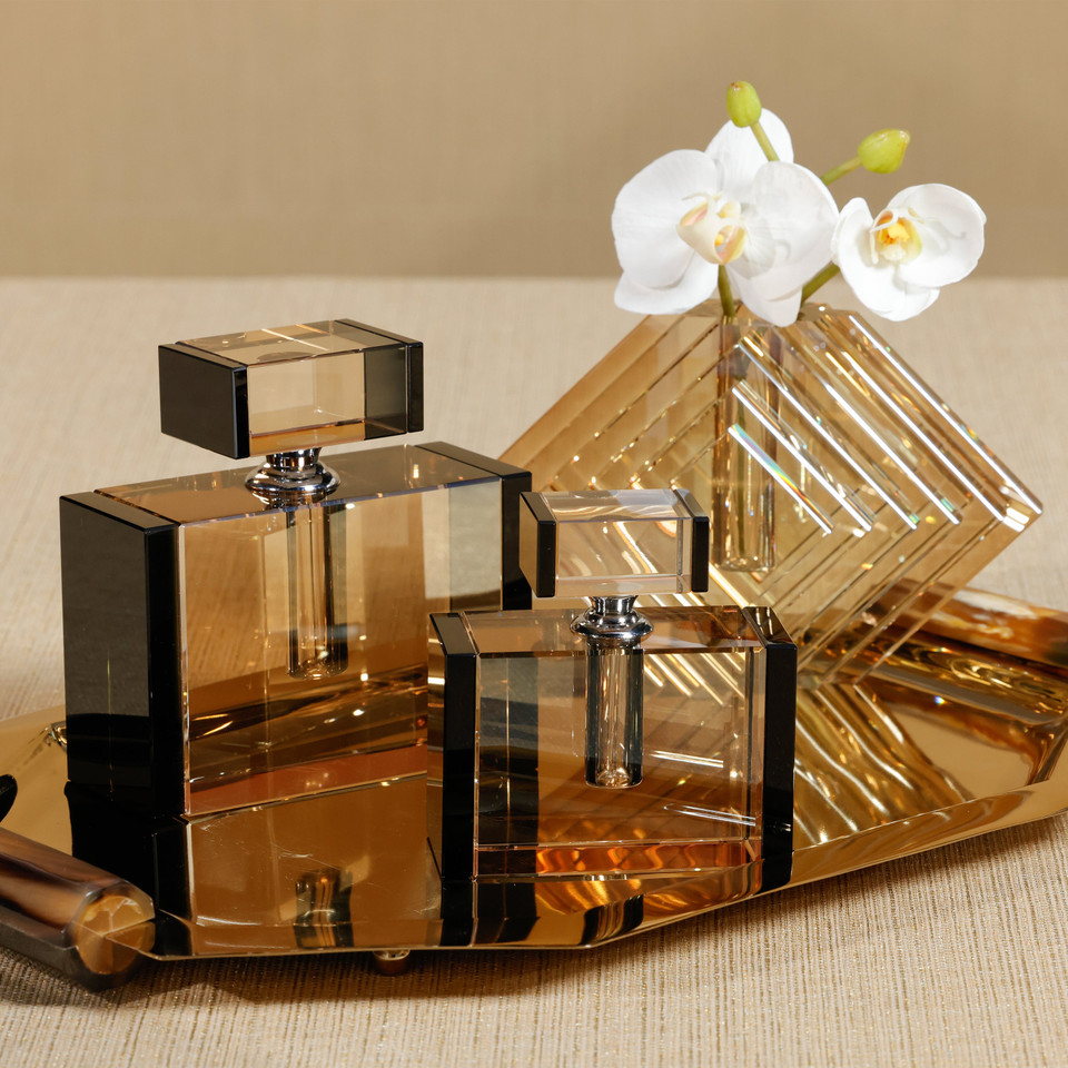 Decorative Crystal Tonal Black & Amber Glass Perfume Bottle - Detail View | Bone & Brass