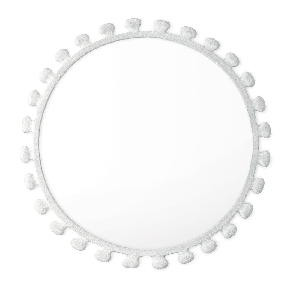 Sanya 32" round metal mirror with a matte white, paper maché-inspired finish and sculptural border.