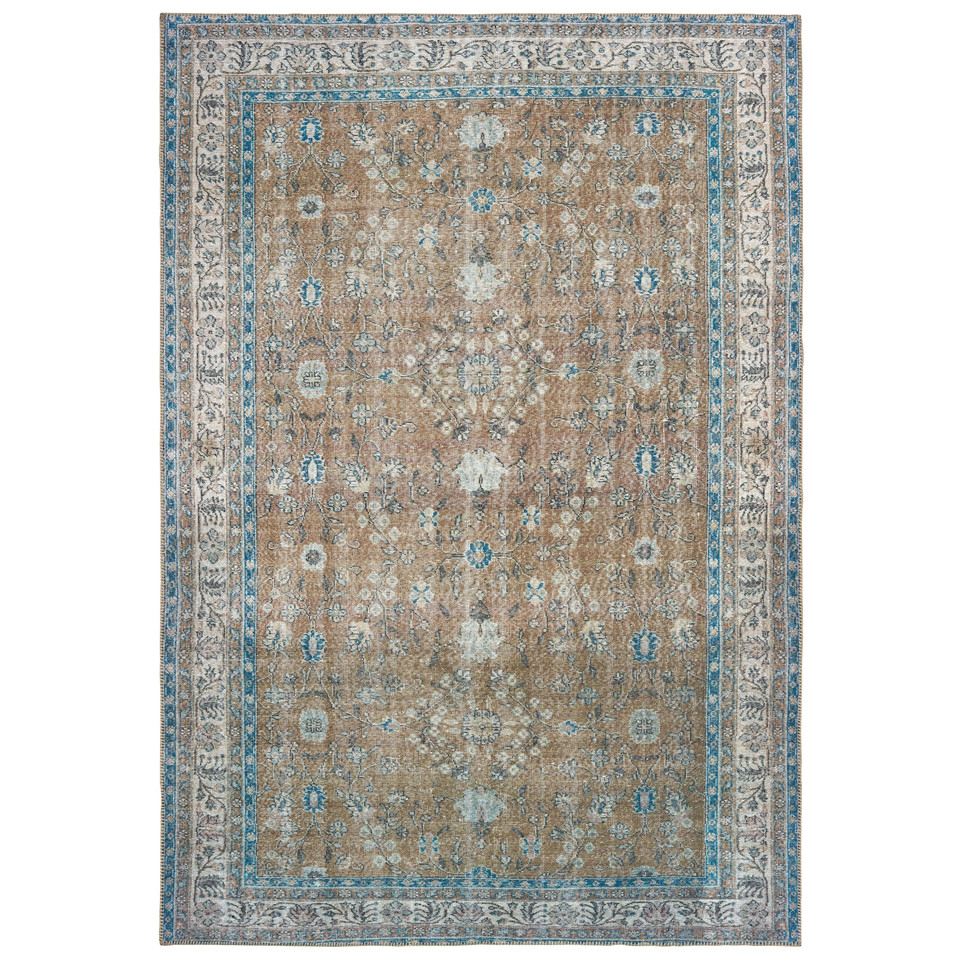Sofia Gold & Blue Traditional Rug with antique-inspired floral design, machine-woven polyester chenille.