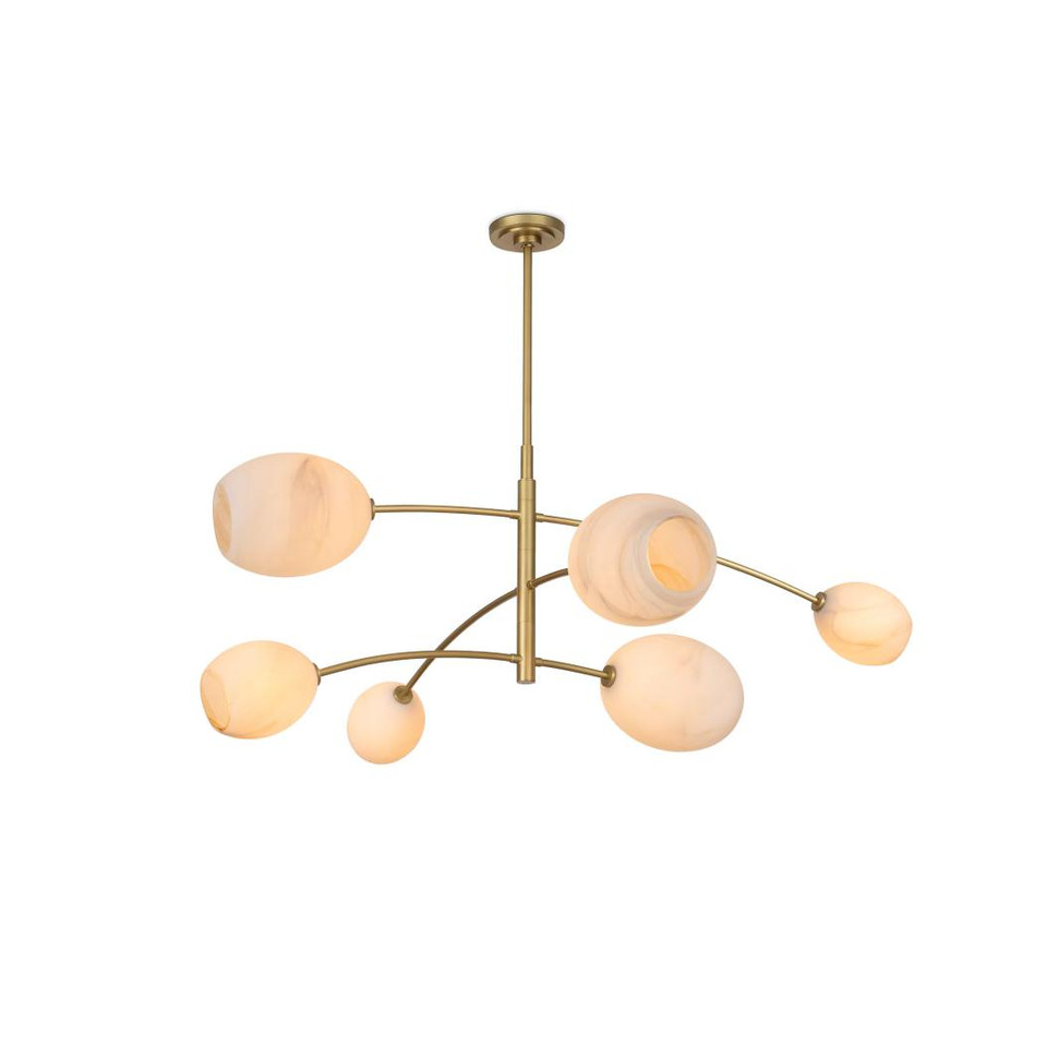 Artemis Chandelier with natural brass finish and six Alabaster-like glass globes in a mobile-inspired design.