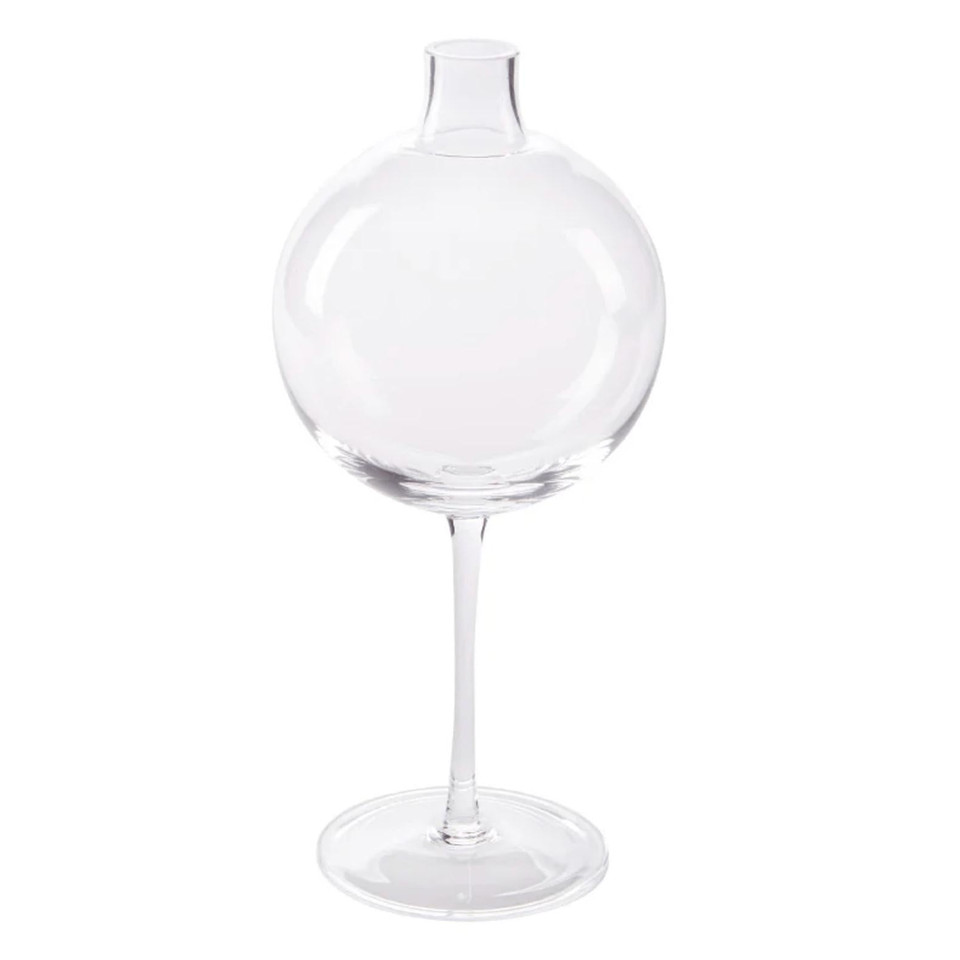 Clear glass vase with a spherical body and a slender wine glass stem on a round base.