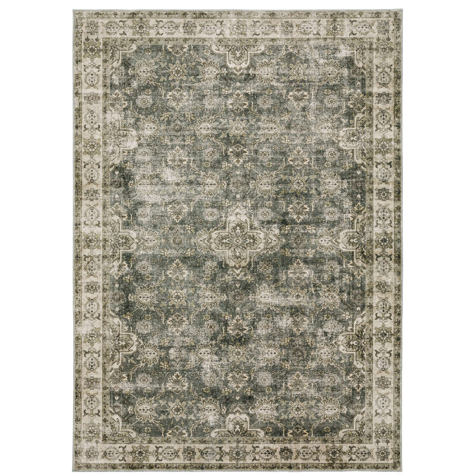 Malibu Blue & Beige Washable Rug with distressed floral pattern and ornate border.