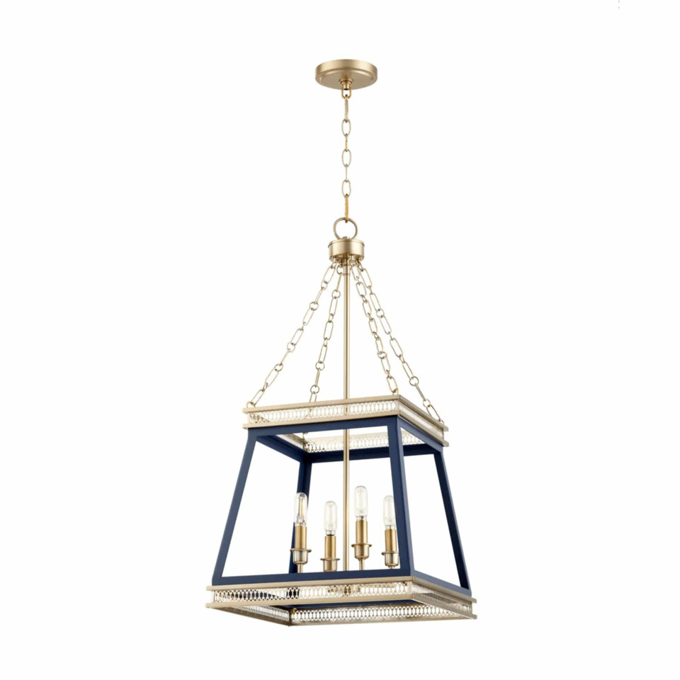 Gerome Blue & Aged Brass Pendant: French country four-light fixture with open frame, candelabra sockets.