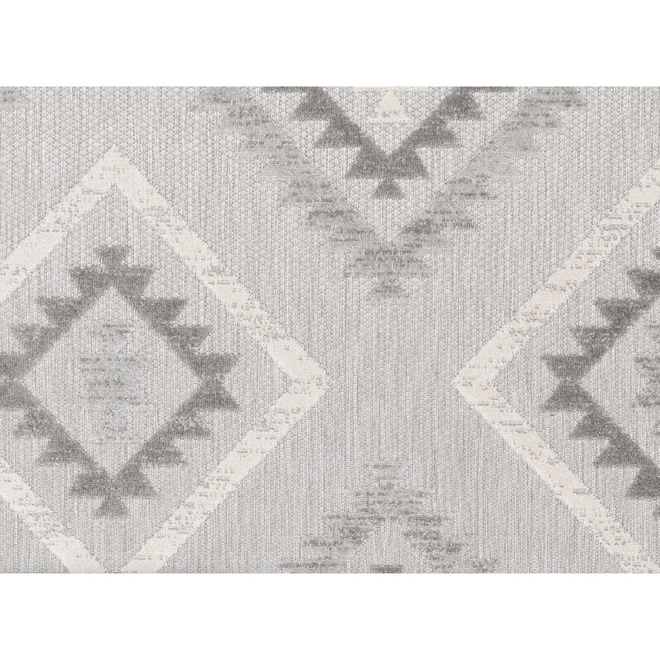 Big Sur Gray Cream indoor/outdoor rug with geometric diamond and triangle pattern.