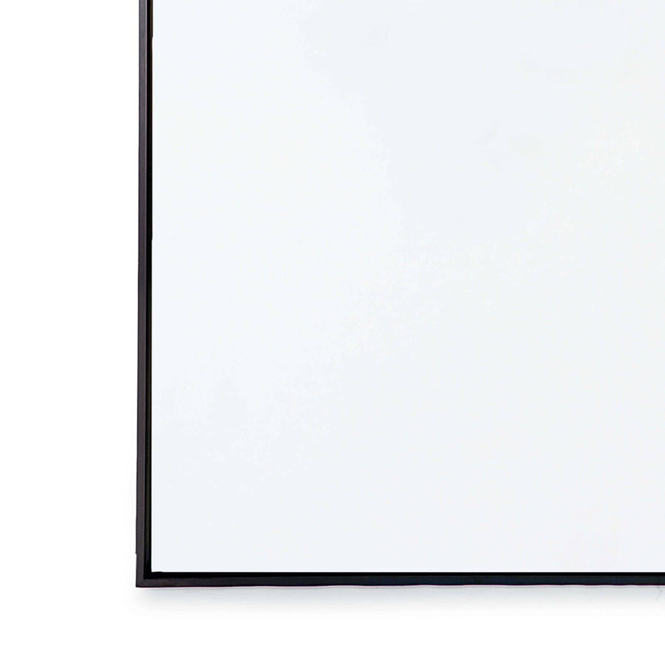 Sleek 44x28" rectangular hanging mirror with a thin black steel frame, perfect for a vanity or entryway.