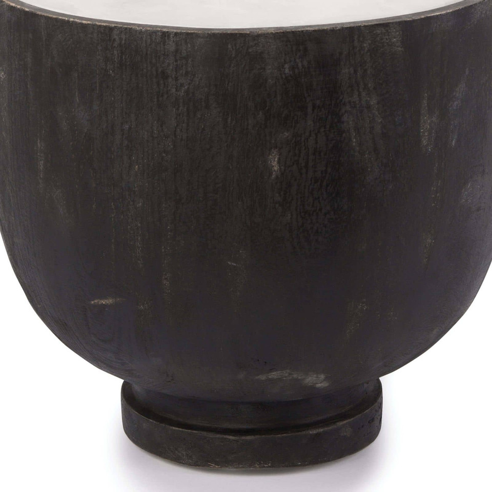 Ebony birch wood Theo accent table with a rounded base and a white alabaster top.