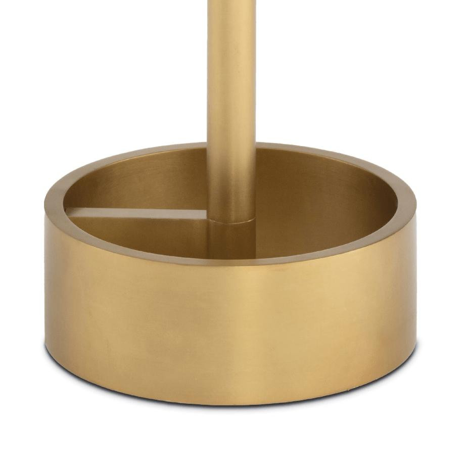 Close-up of the Myles Large Accent Table's round, gold metal base with a central support pole.
