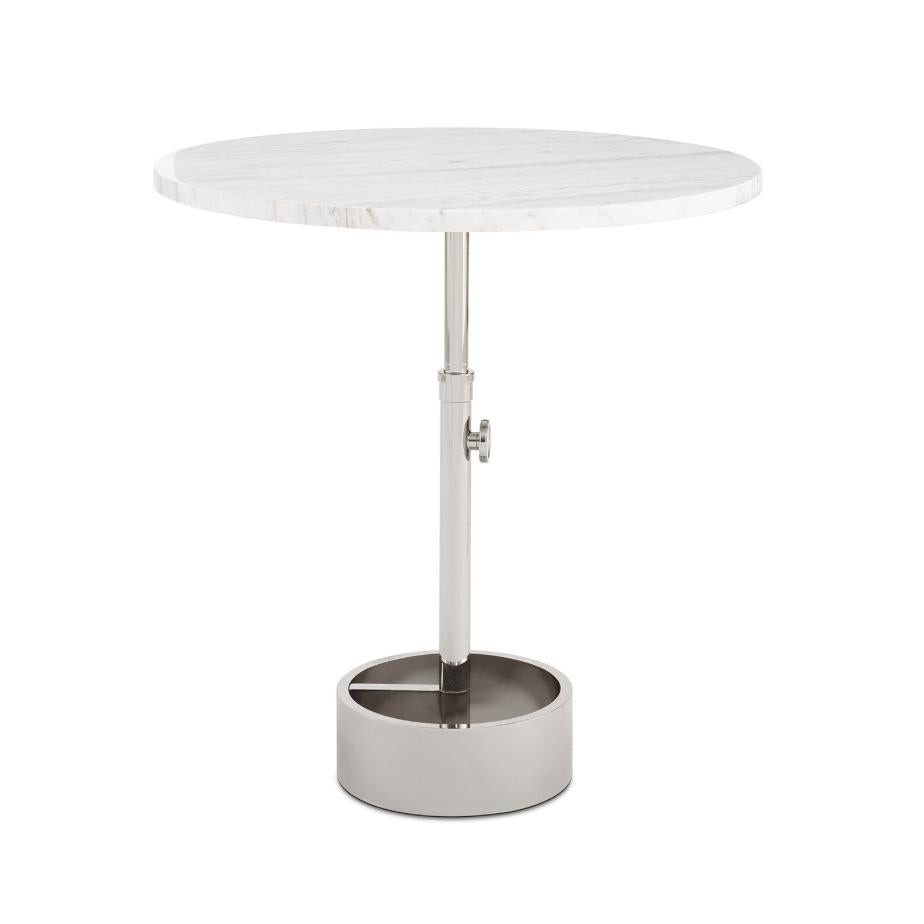 Myles Large Accent Table with round white marble top and silver adjustable metal base.