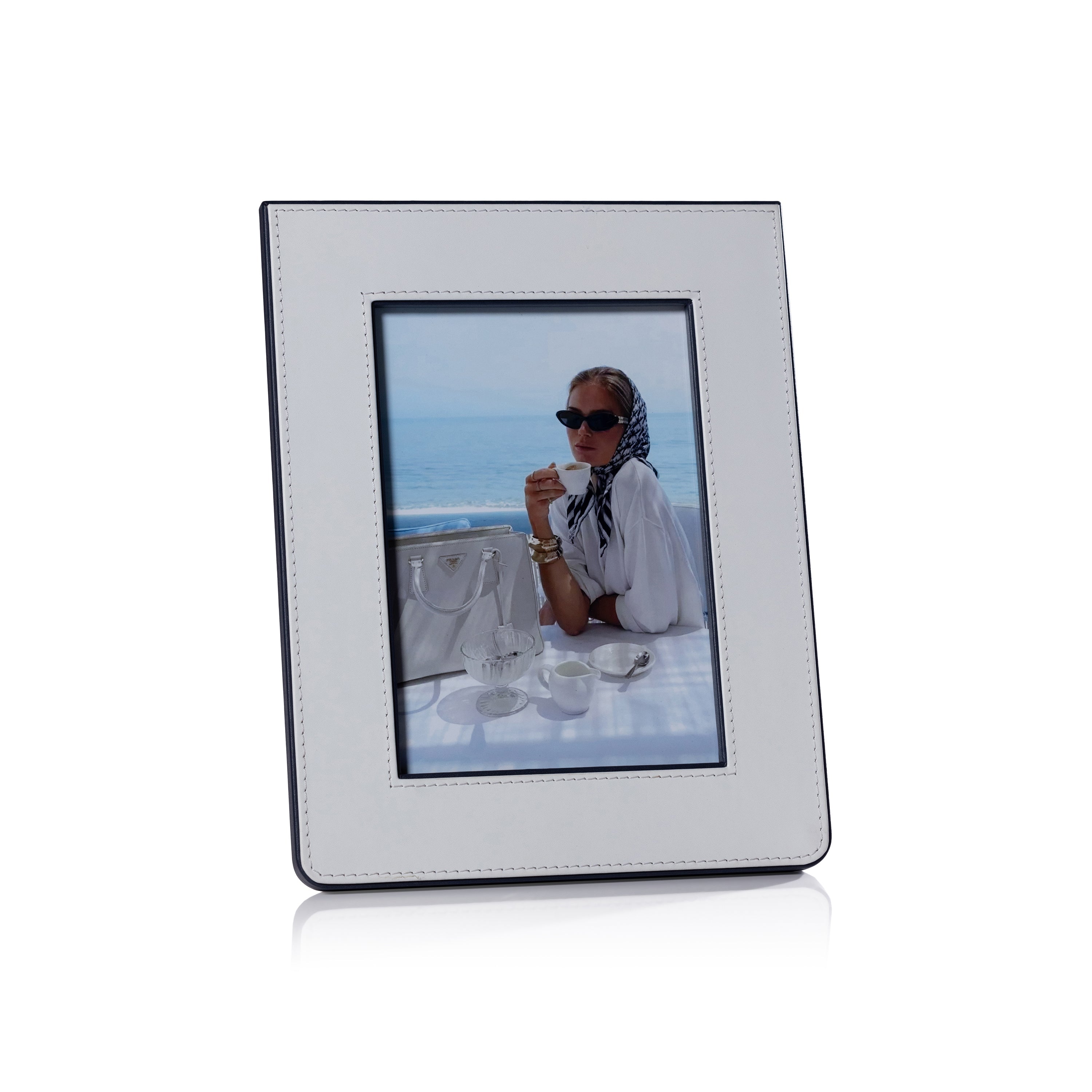 Nappa White & Navy Leather Photo Frame