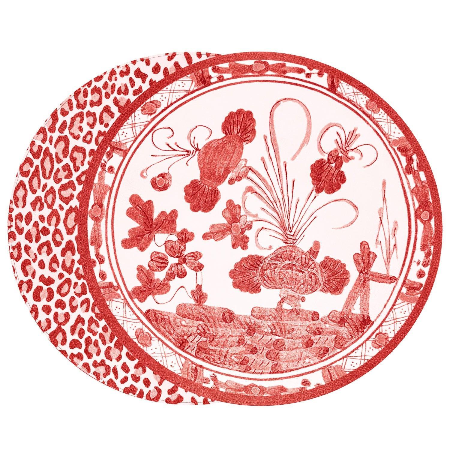Vida Faenza Leopard Reversible Round Placemats Set 4 White & Red