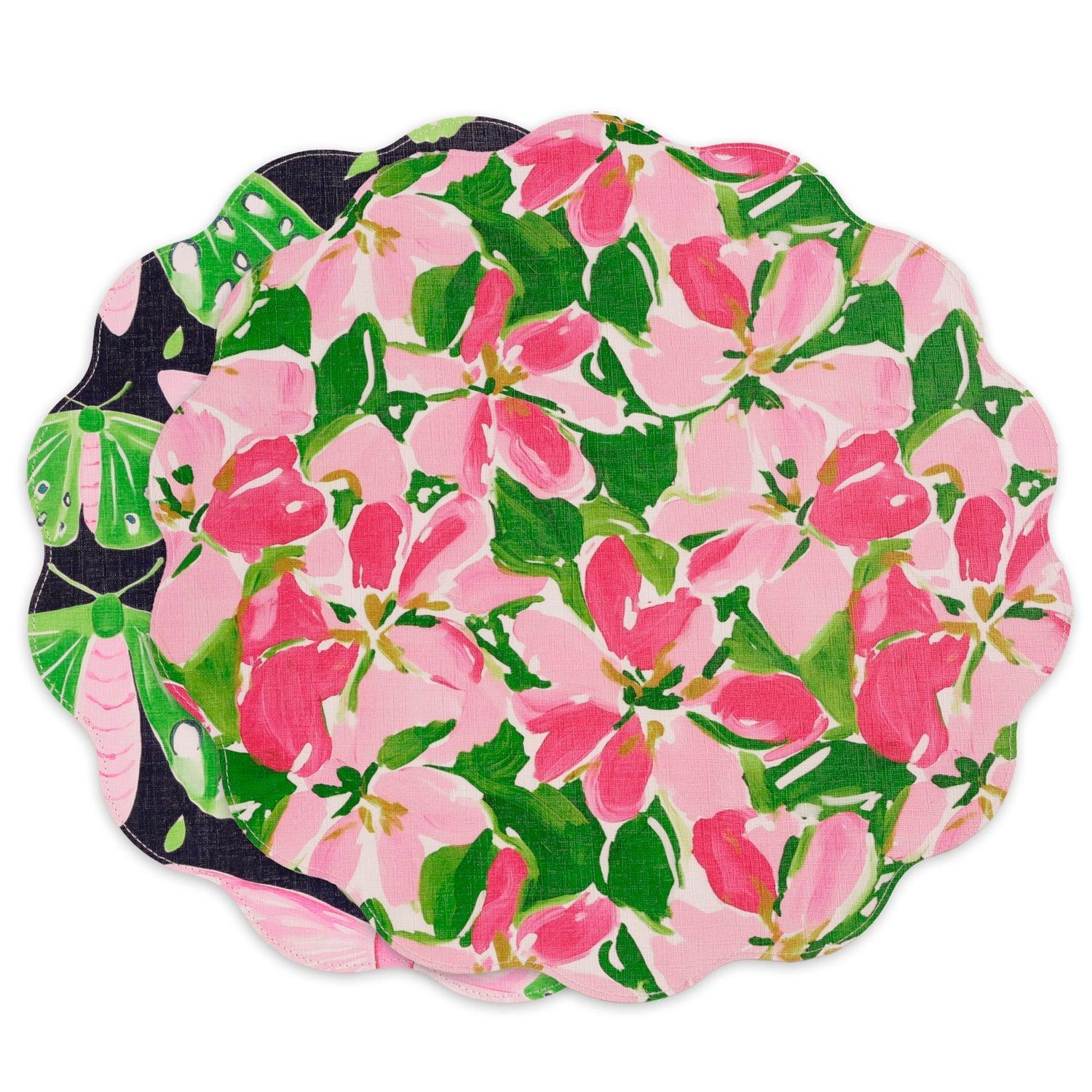 Vida Butterflies & Flowers Reversible Round Placemats Set 4 (Pink &