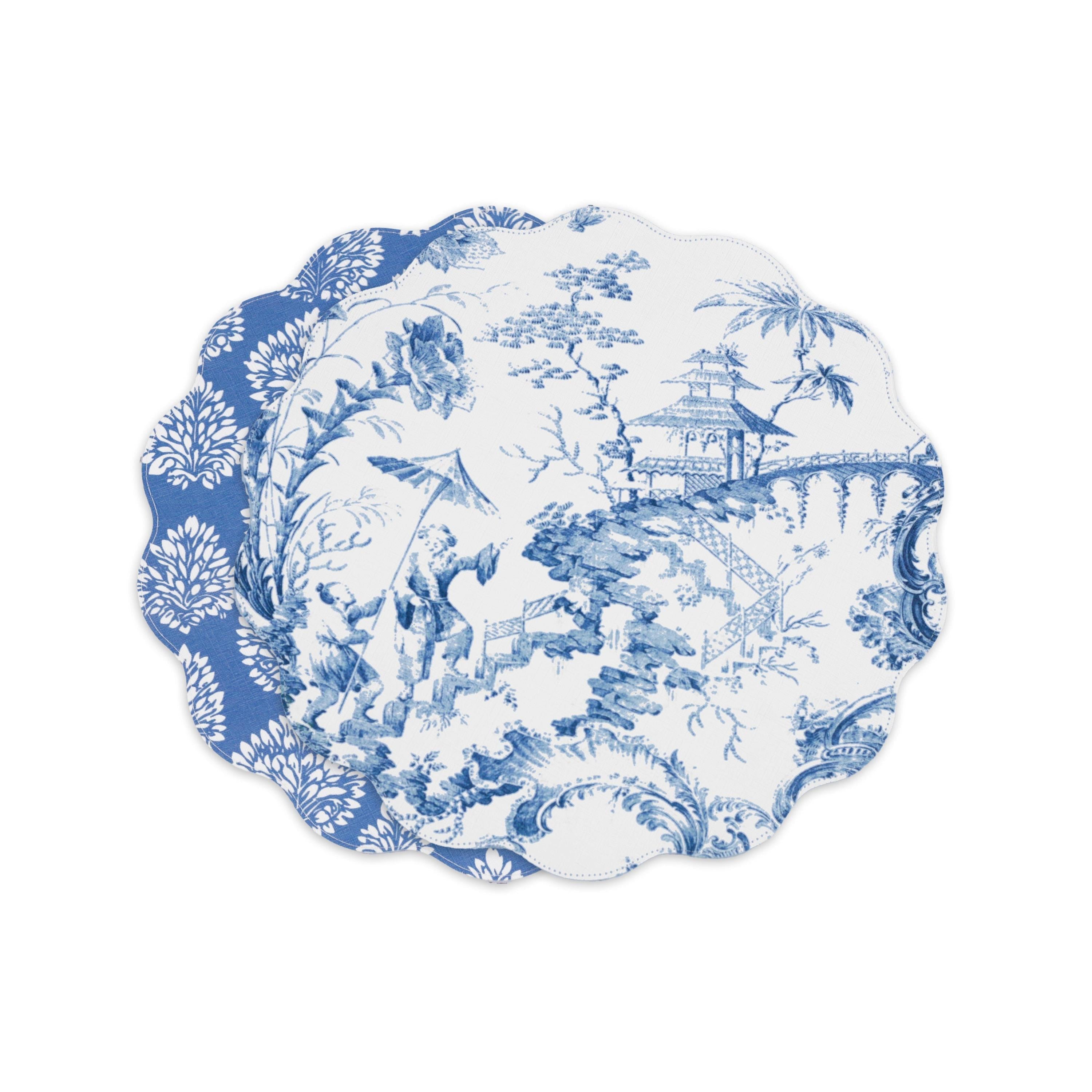Vida Chinoiserie Reversible Round Placemats Set 4 Blue & White