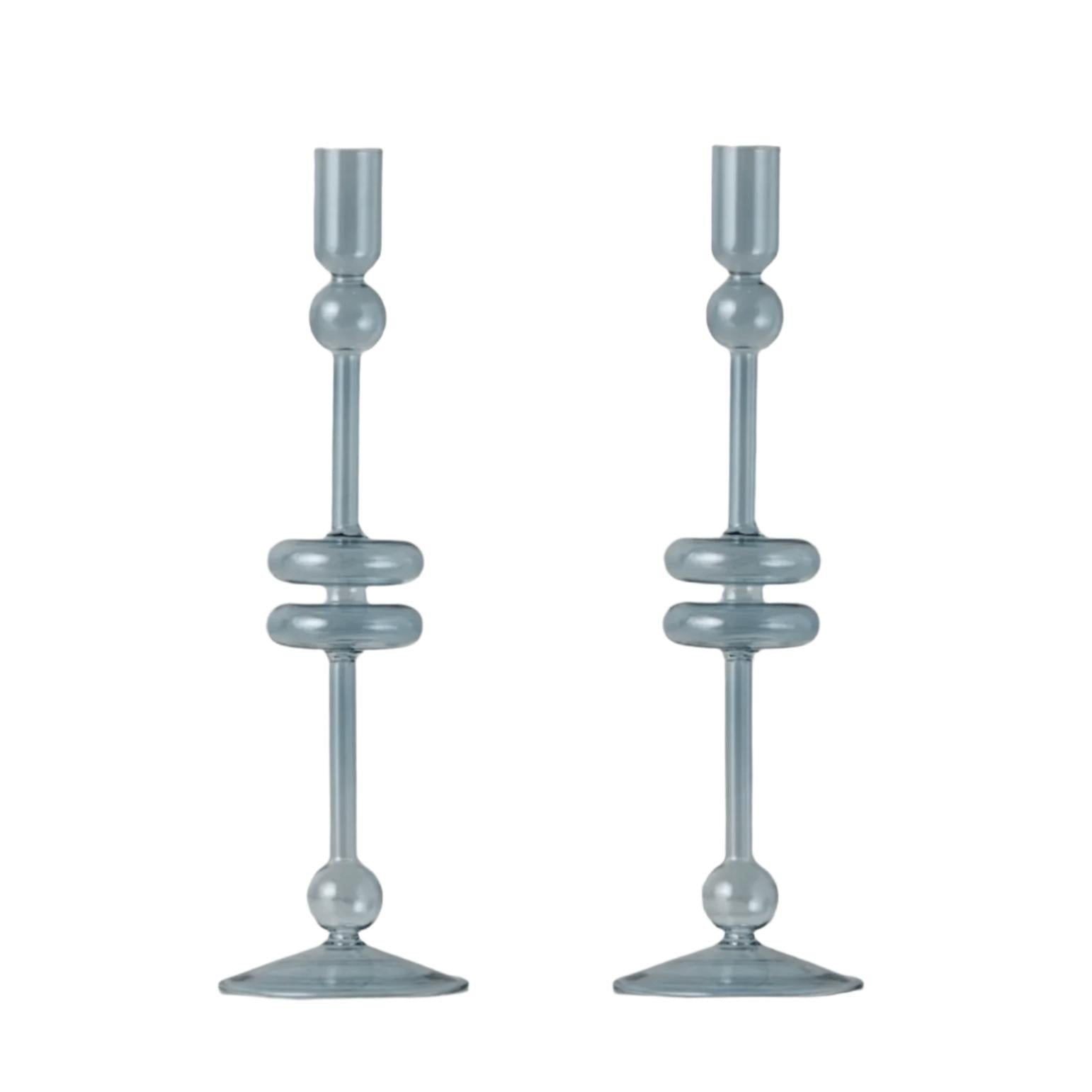 Denim Glass Candlestick Pair, Large