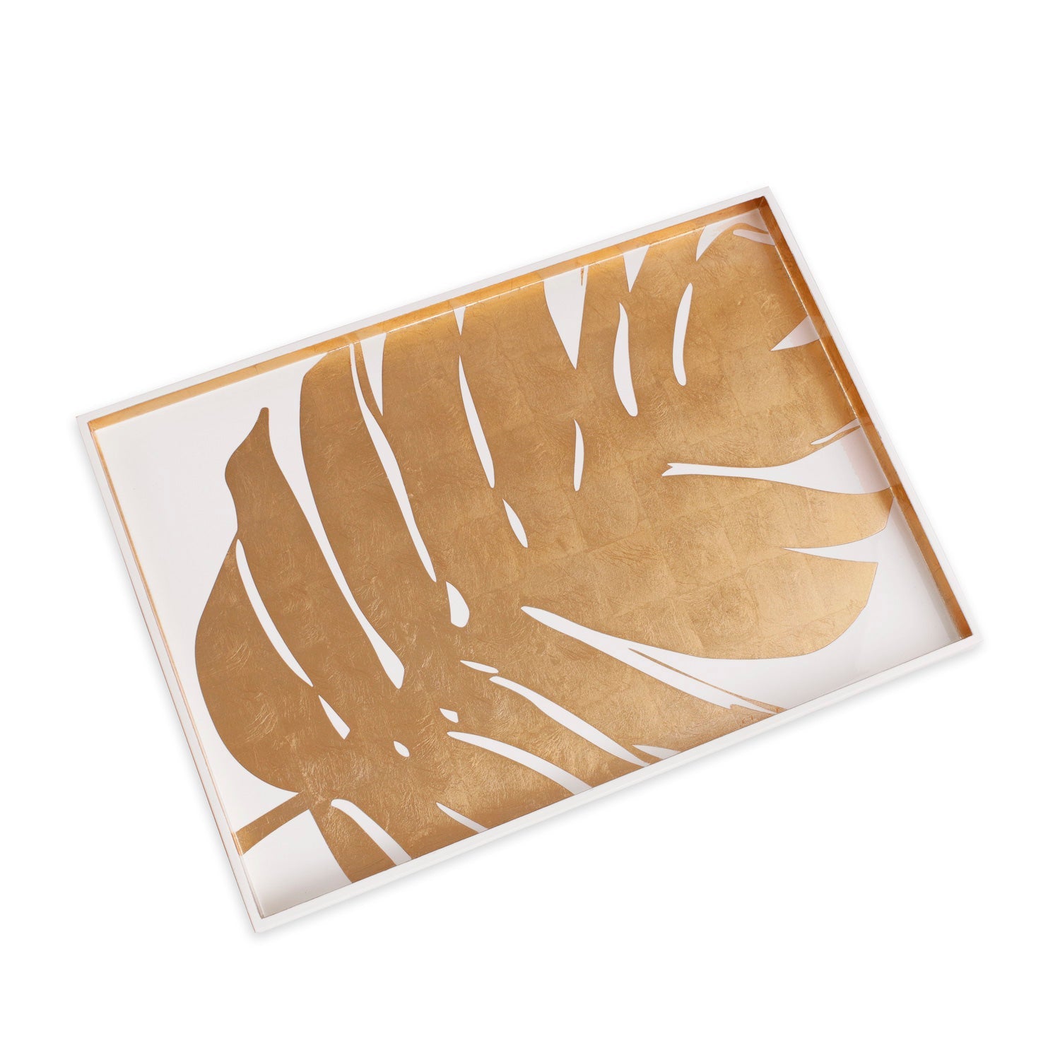 Indochine Large Lacquered PhilodendronTray White Gold