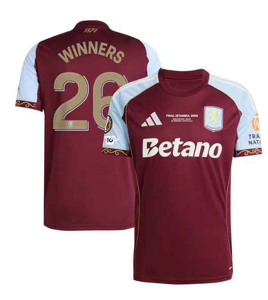 25/26 Aston Villa Home Europa League Winners with Winners 26 Cup printing