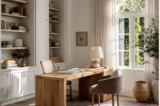 Custom built ins bookcase and home office cabinetry with built-in desk cabinets and upper shelving
