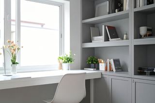 Custom built ins bookcase with built-in home office desk cabinets and integrated shelving for organization
