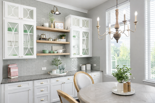 Custom built ins custom bar coffee nook with white shaker doors glass panels and floating shelves
