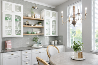custom built ins kitchenette with white shaker doors and glass ready panels