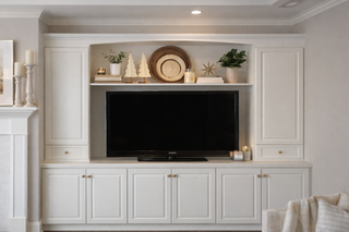 custom built ins raised panel entertainment center with crown molding
