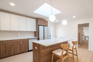 Custom kitchen island in modern turino wood style with white countertops real life customer contractor project by Kata Walters