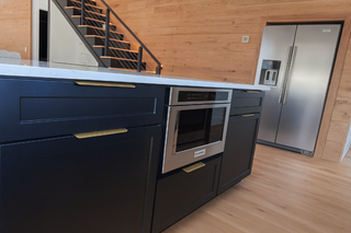 Custom kitchen island with shaker thermofoil satin black finish real life customer project by Mary Jo