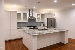Custom kitchen island with white base cabinets real life customer project by Joey featuring practical island storage