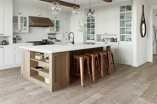 Custom kitchen island with wood open cabinet and adjustable shelving featuring shaker panels for everyday storage