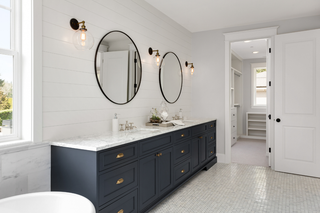 Custom kitchen vanities inspiration navy double sink modern vanity with sleek hardware