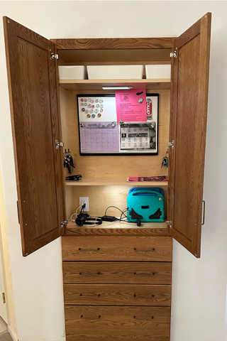 Custom built-ins for recessed wall niche command center using RTA cabinets