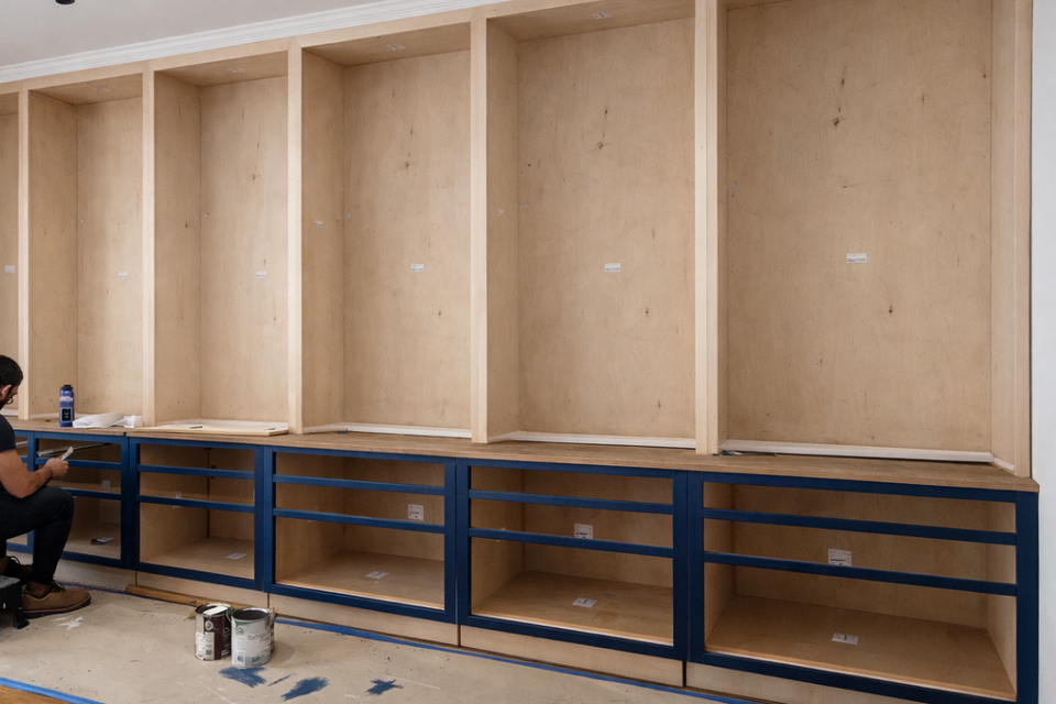 Custom built ins bookcase wall feature in blue finish built with RTA cabinets by Ariel Arts and team