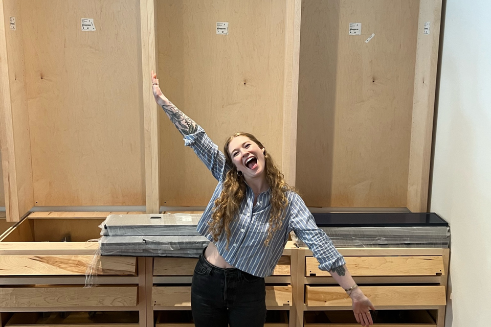 Custom built ins bookcase in a dream blue finish designed by San Francisco interior designer Ariel Arts using RTA cabinets