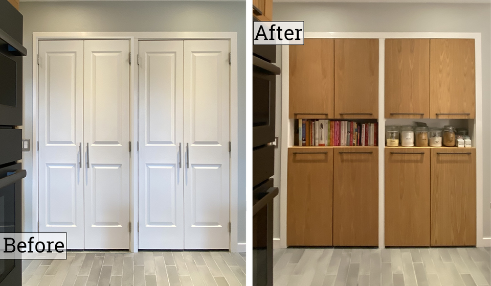Before and after white oak slab veneer cabinet door remodel