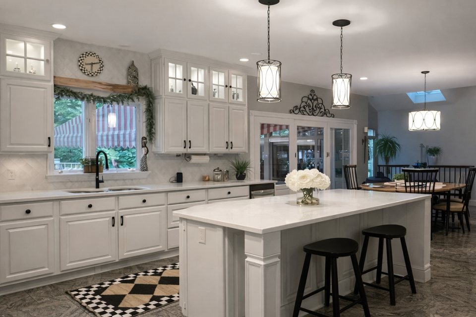 Custom kitchen cabinets with Revere door style and glass uppers in Cathy kitchen remodel