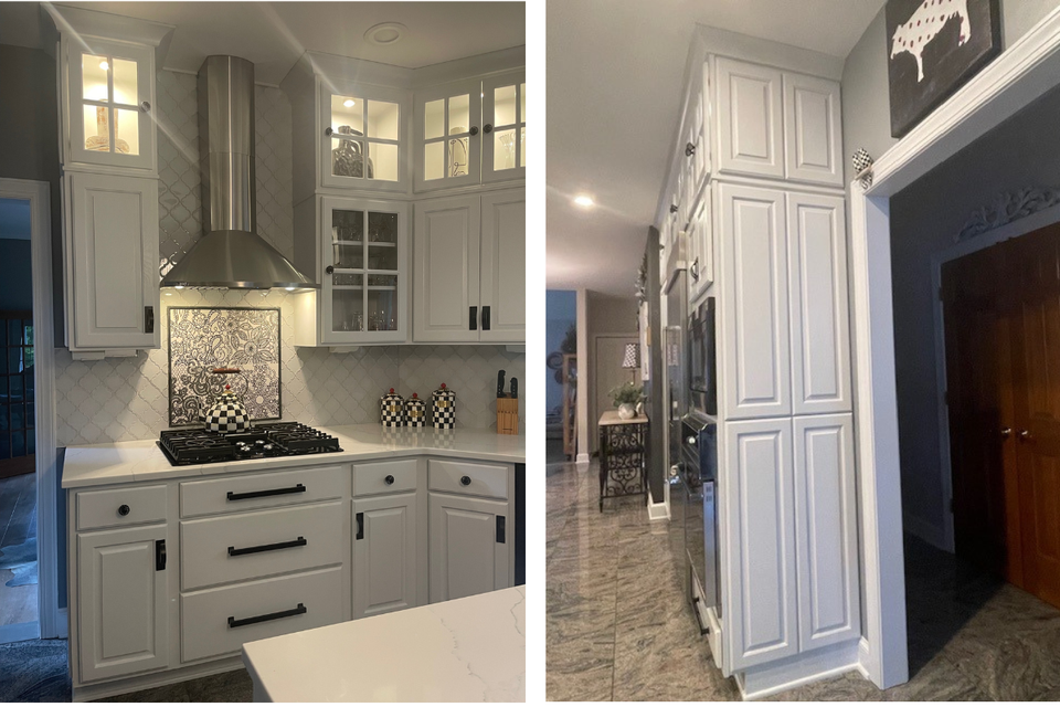 Finished custom kitchen cabinets layout in Cathy project with glass panels and clean lines