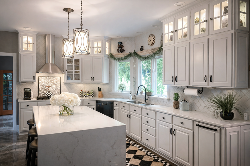 Custom kitchen cabinets real life project by Cathy featuring Revere doors and glass panel cabinets