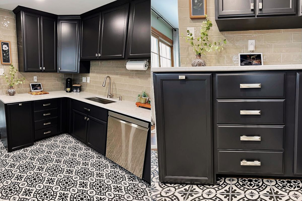 Custom kitchen cabinets refacing details in Kathy project showing Bronco cabinet doors and eye catching accents