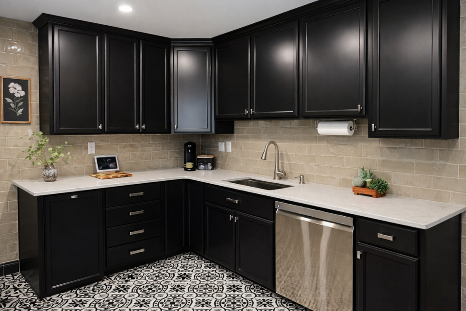 Custom kitchen cabinets real life project by Kathy featuring a charming black kitchen refacing with Bronco cabinet doors