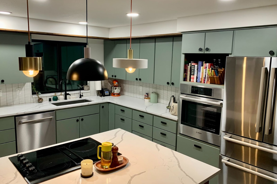 Custom built-in real life project showing Modern Turino cabinet door styling and clean lines in Laura kitchen