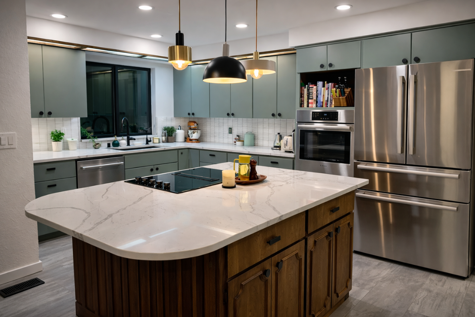 Custom kitchen cabinets real life project by Laura featuring Modern Turino doors and drawer fronts in sage super matte