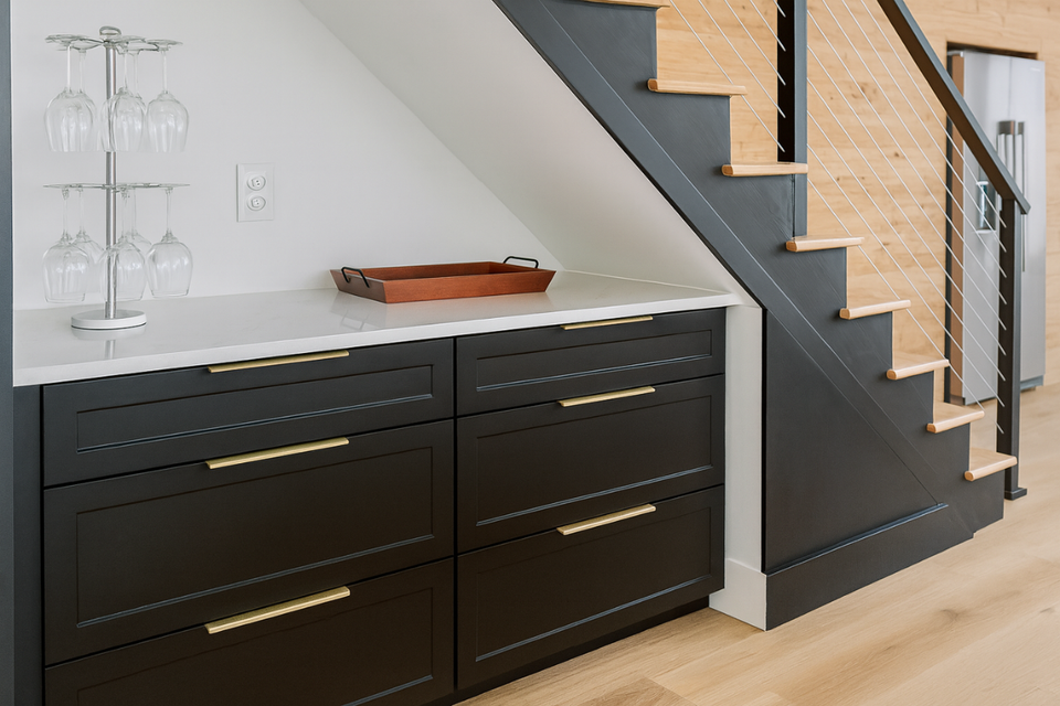 Custom built-in cabinets in a modern black kitchen real life project by Mary Jo using RTA cabinet boxes