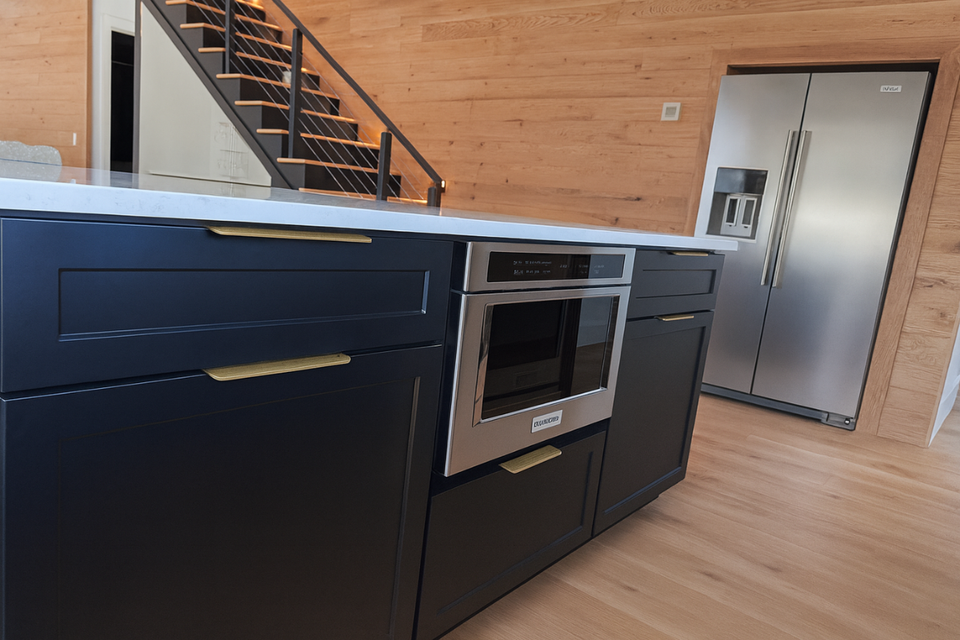 Finished custom kitchen cabinets project with satin black shaker thermofoil cabinetry final view