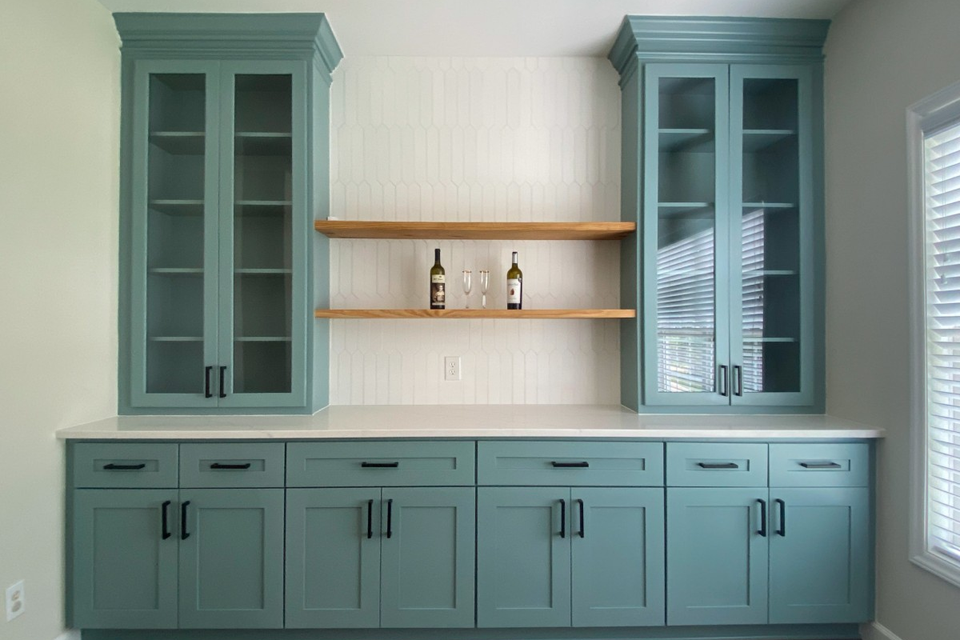 Custom built-in real life project by Ruby Bird Design using RTA cabinet boxes and custom cabinet doors