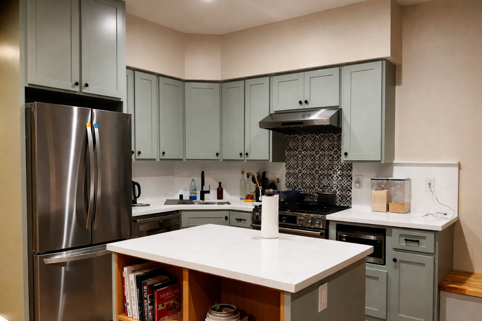 Custom kitchen cabinets real life project by Stephen with sage green thermofoil refacing and added island