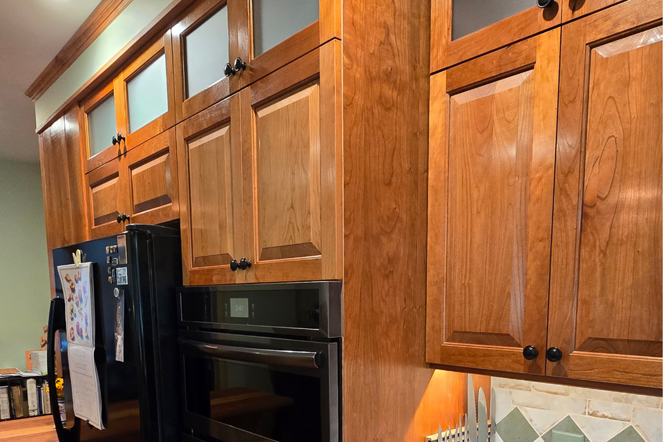 Finished custom kitchen cabinets project by tradesman Will showing classic cabinetry details and layout