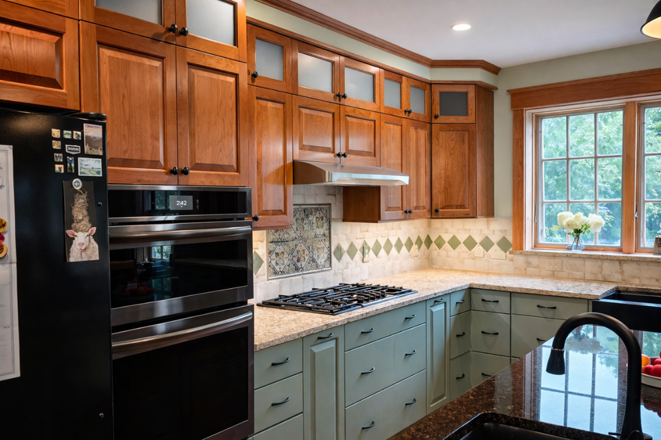 Custom kitchen cabinets real life project by tradesman Will featuring cherry wood and green two tone kitchen design