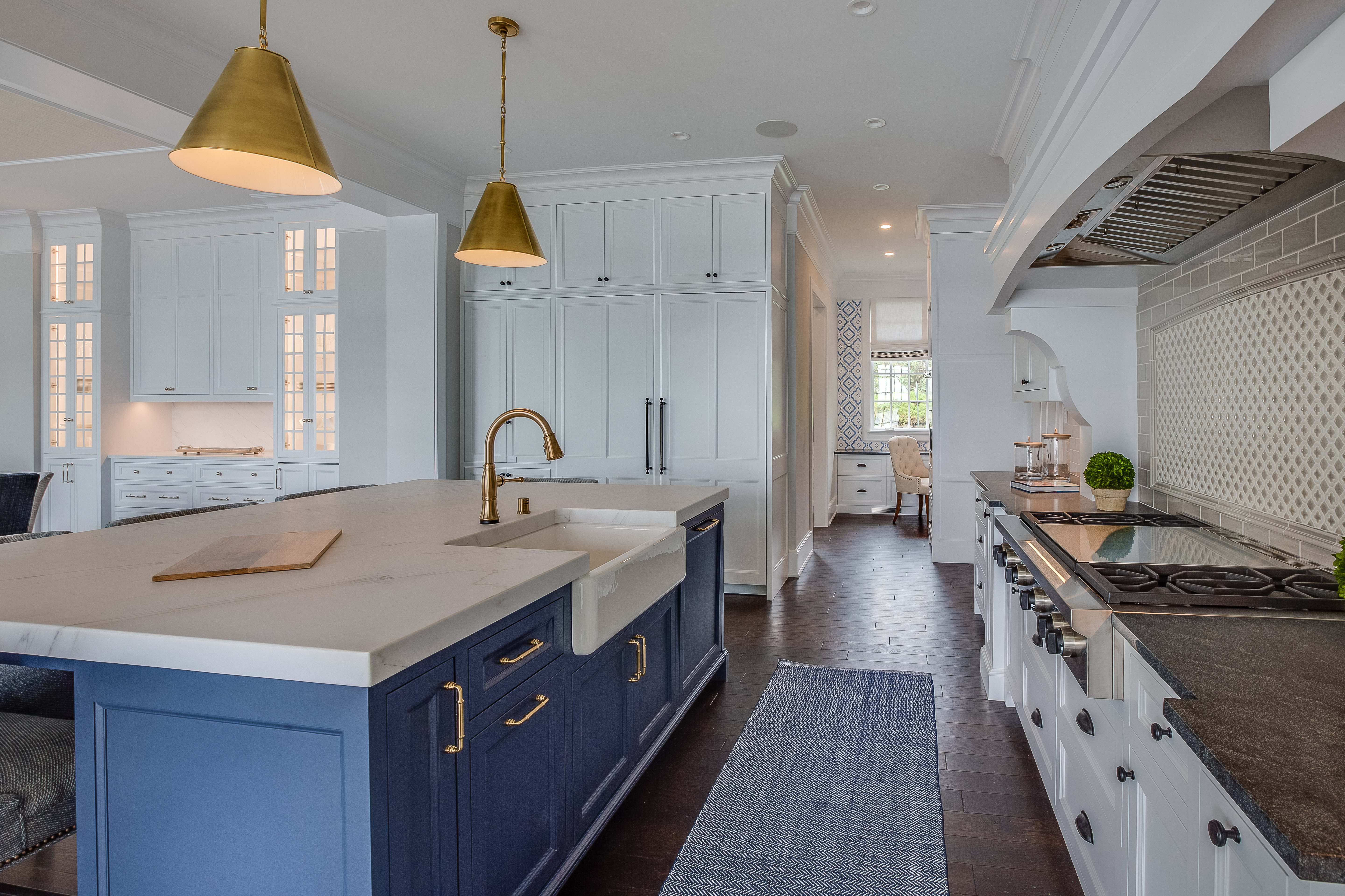 custom kitchen island, blue shaker panels kitchen island paired with white cabinets