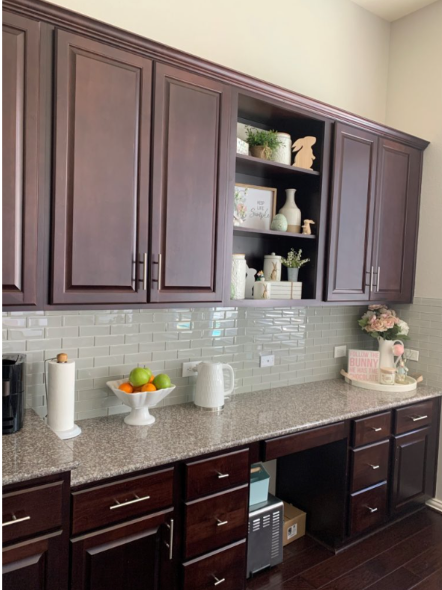 Before image of built-in desk area prior to conversion into custom built ins bar and coffee nook