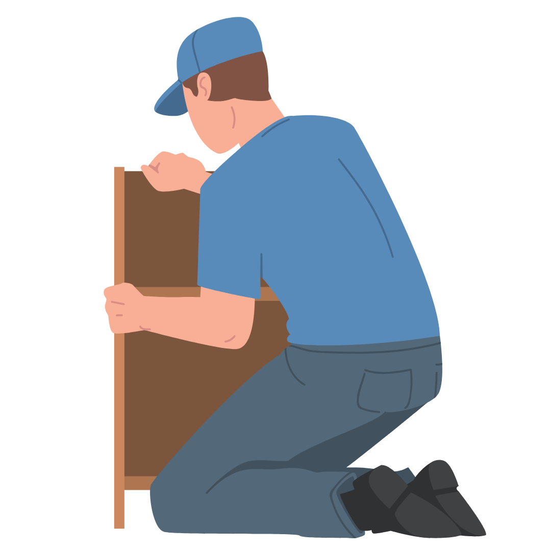 Cartoon person measuring cabinet doors Cartoon person measuring cabinet doors